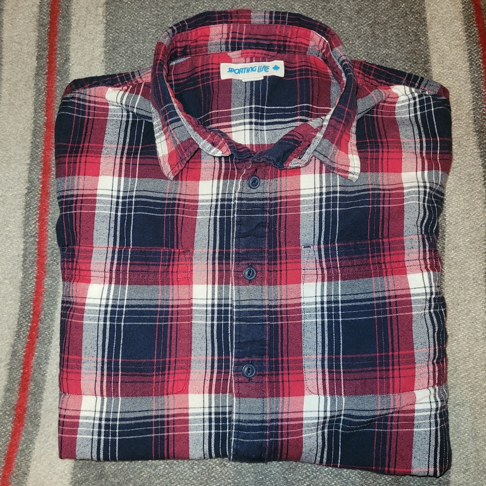 Sporting Life Large Red/Blue/White Plaid Men's Collared Shirt.